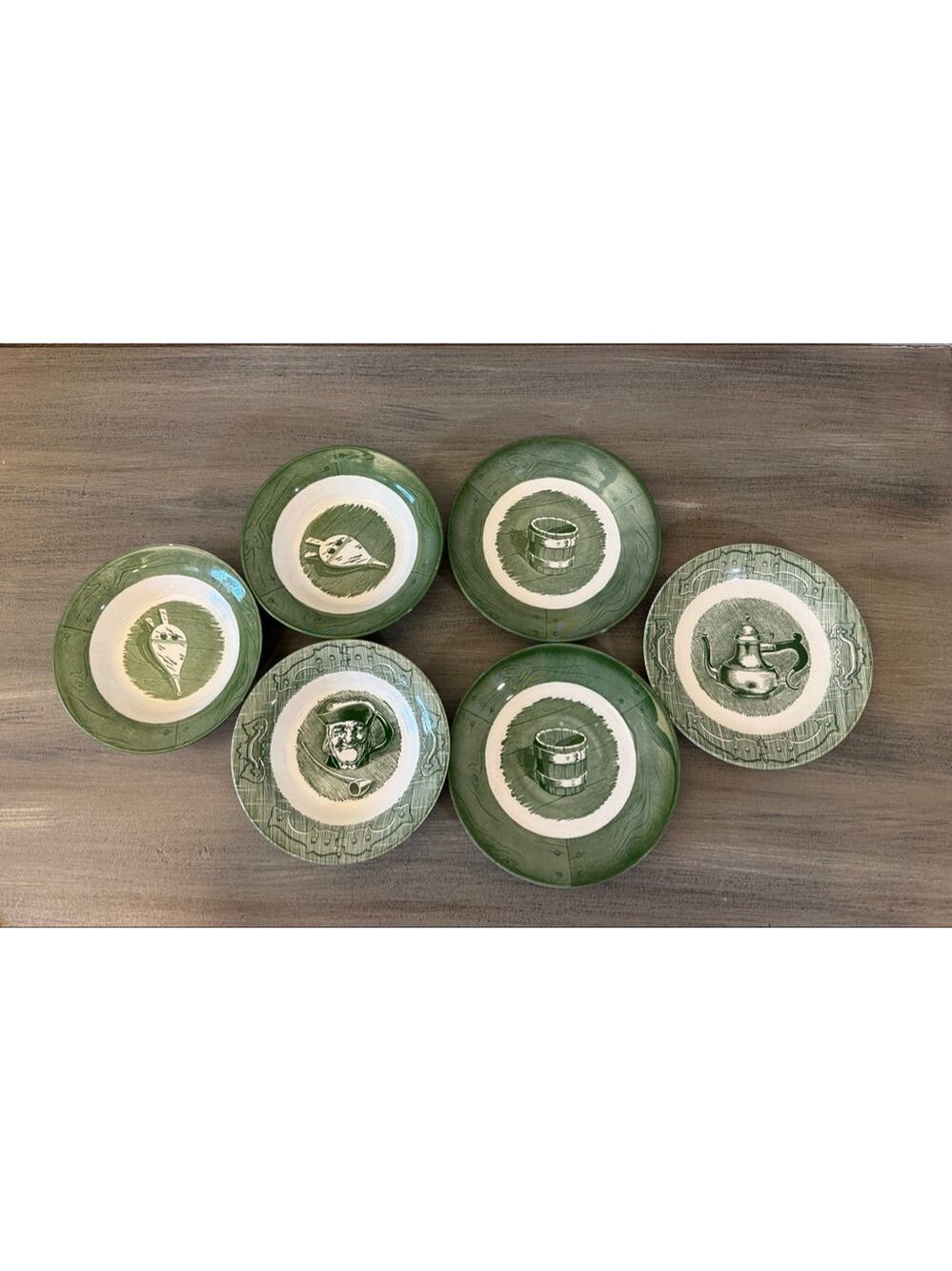 Set of 6 OLD CURIOSITY SHOP Royal Green Bowls/Saucers